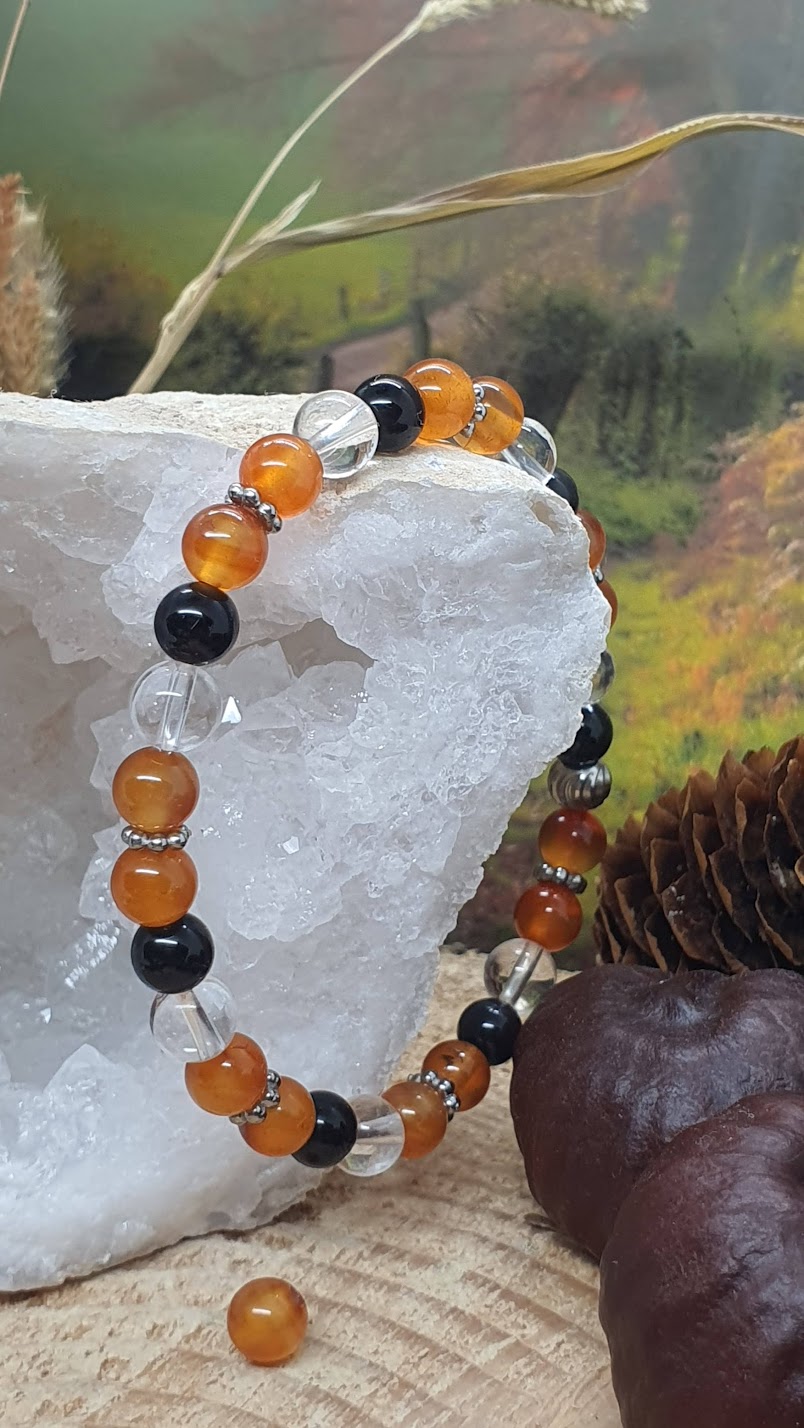 Bracelet cornaline, obsidienne céleste et cristal de roche vertical