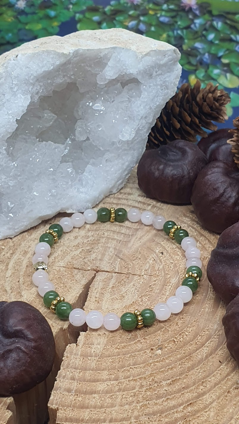 Bracelet jade vert, larvikite et howlite 6 mm sur rondin