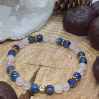 Bracelet 6 mm lapis-lazuli et quartz rose sur rondin de bois