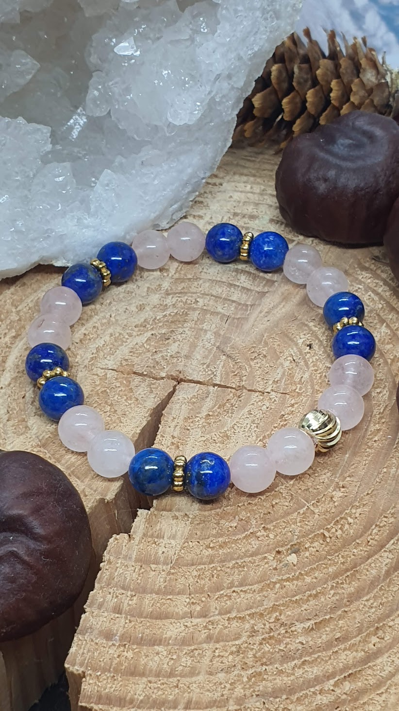 Bracelet lapis-lazuli et quartz rose en perles 8 mm sur rondin